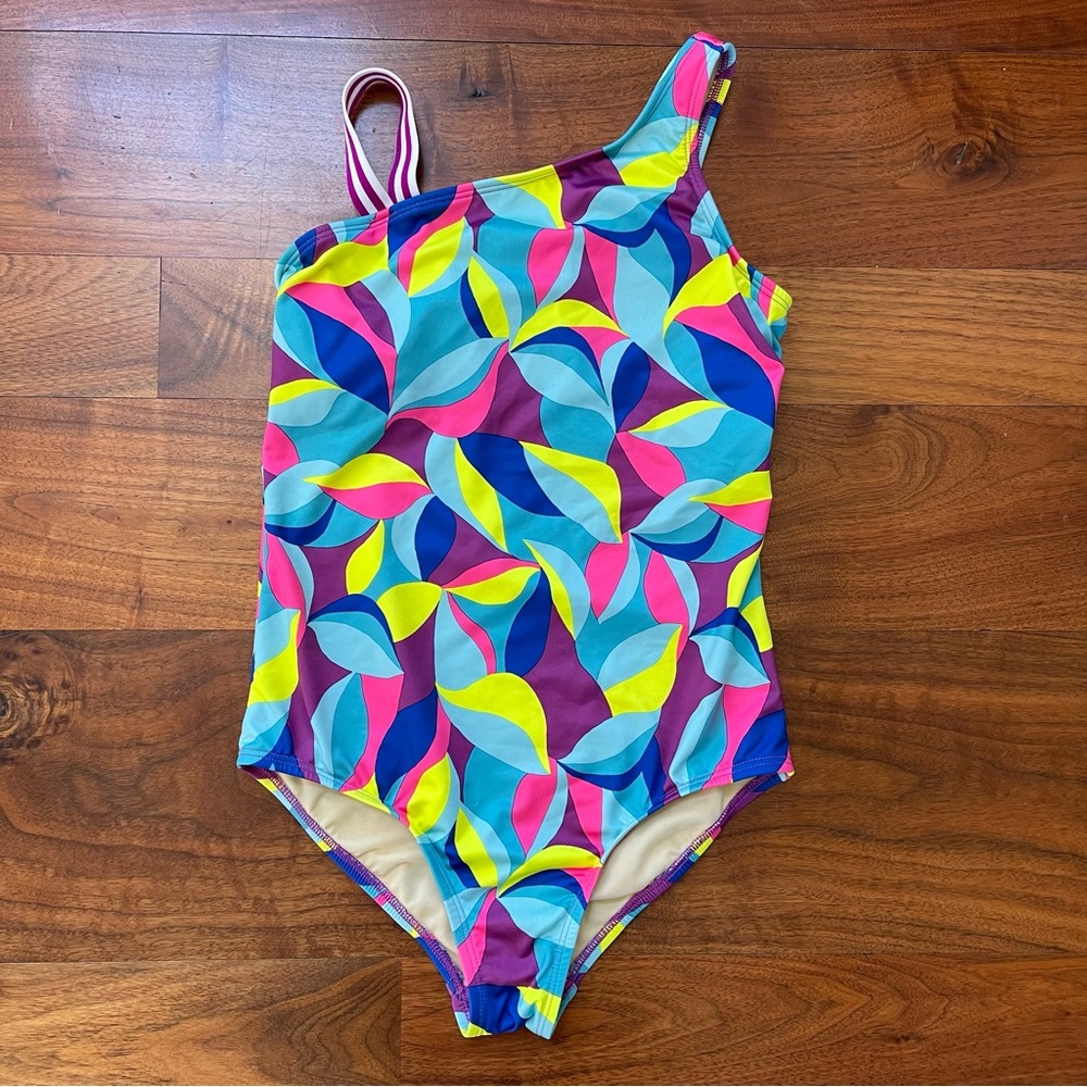 Lands’ End Girls Geometric Asymmetrical One Piece Bathing Suit Size 12
